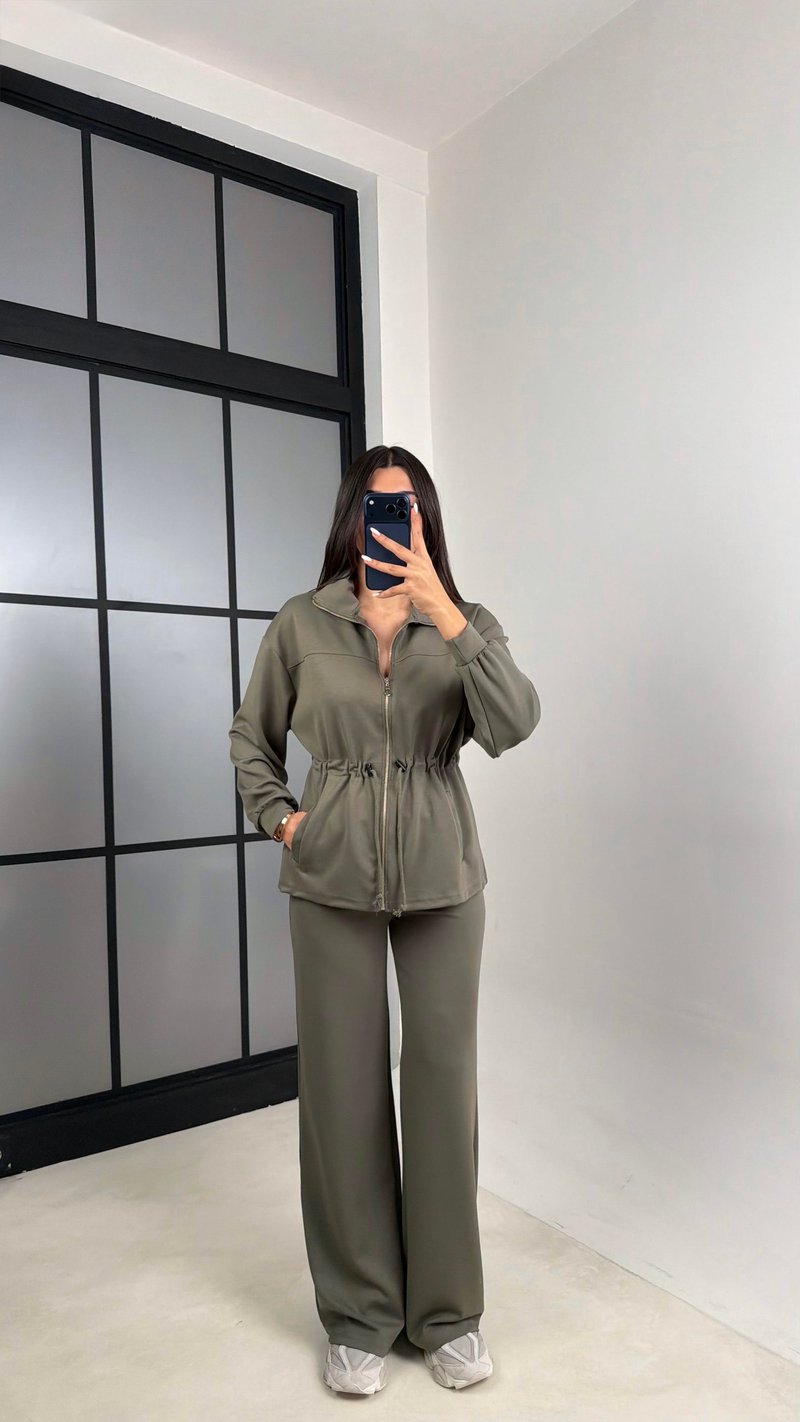 Haki Beli Büzgülü Hırka Pantolon İkili Modal Takım GAUS-00571