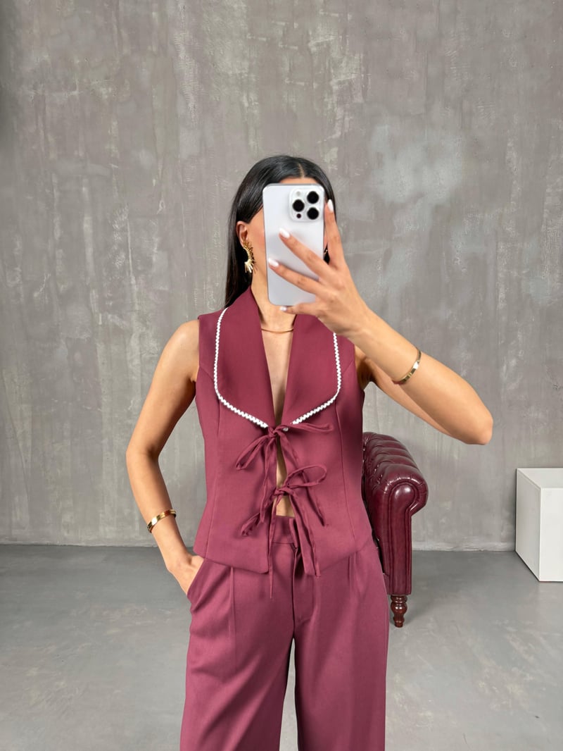 Rune Bordo Bağlamalı Keten Yelek Pantolon Takım