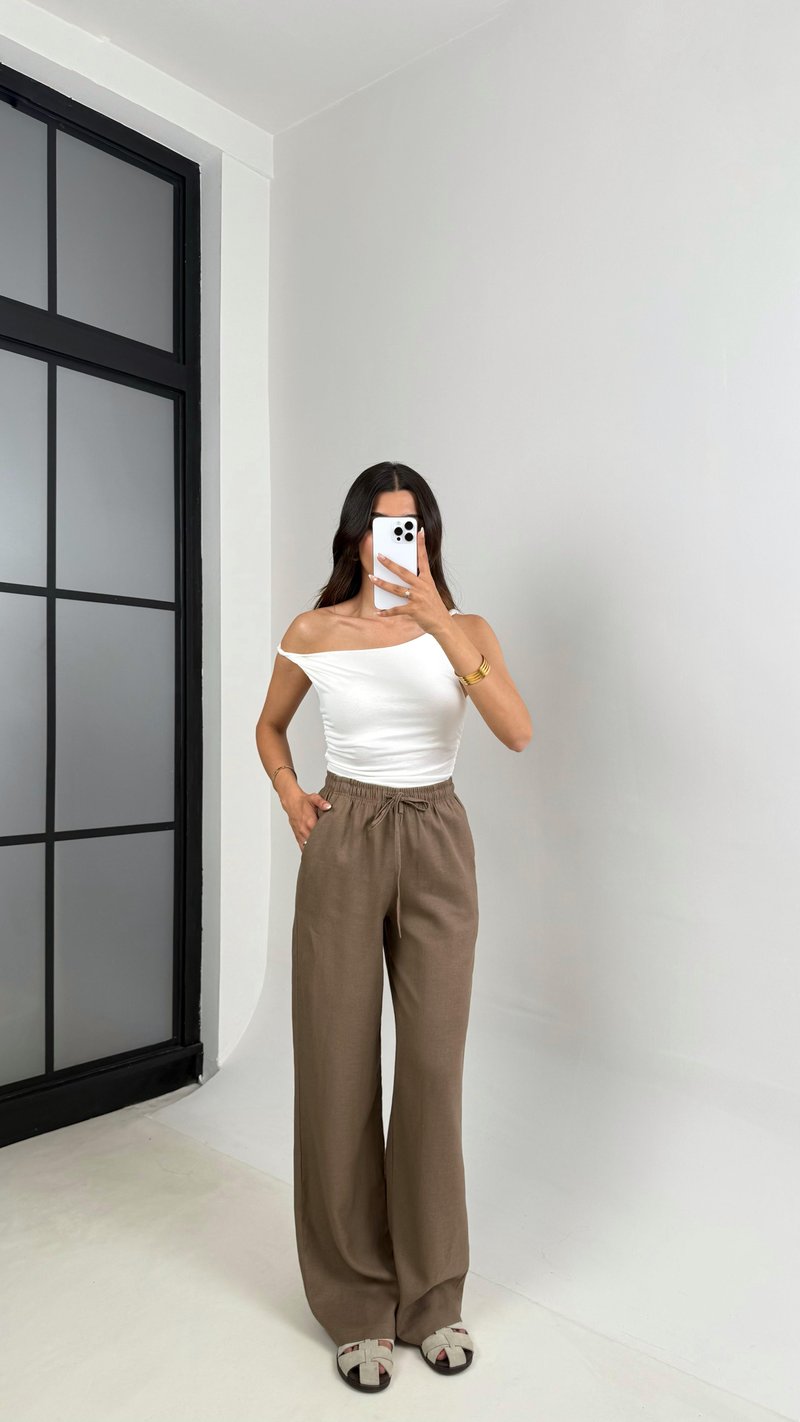 Kahve Beli Lastikli Muadil Keten Pantolon Gaus00623