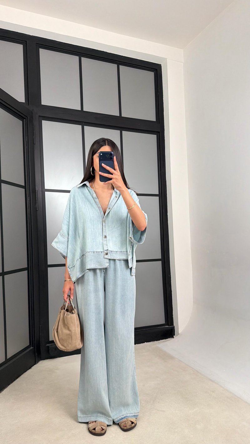 Açık Mavi Yarasa Kol Gömlek Beli Lastikli Pantolon Tencel Denim Takım GAUS-01539
