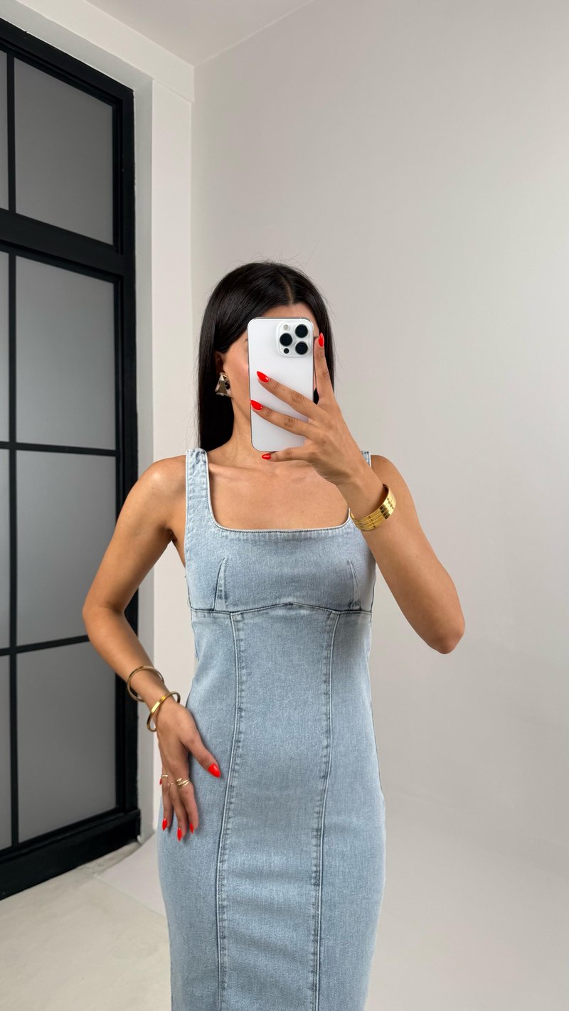Buz Mavisi Yırtmaç Detaylı Denim Elbise Gaus00693