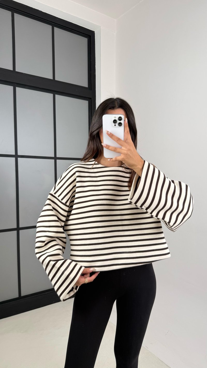 Kahve Çizgili Şardonlu Crop Kazak GAUS-00132
