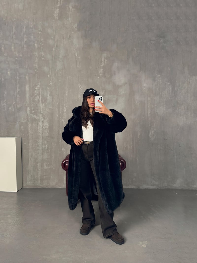 Wody Siyah Astarlı Premium Kürk Kaban 