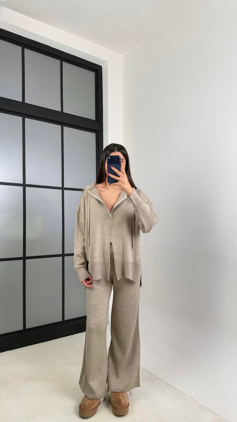 Vizon Çift Fermuarlı Kapüşonlu Hırka Beli Lastikli Pantolon İkili Triko Takım GAUS-00676
