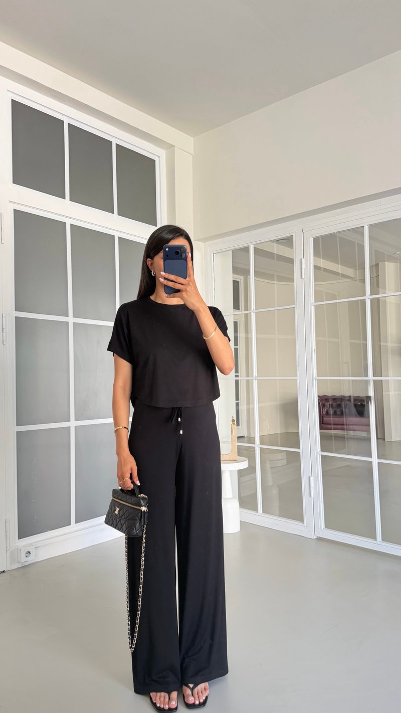Siyah Bluz Beli Lastikli Pantolon İkili Basic Takım GAUS-01712