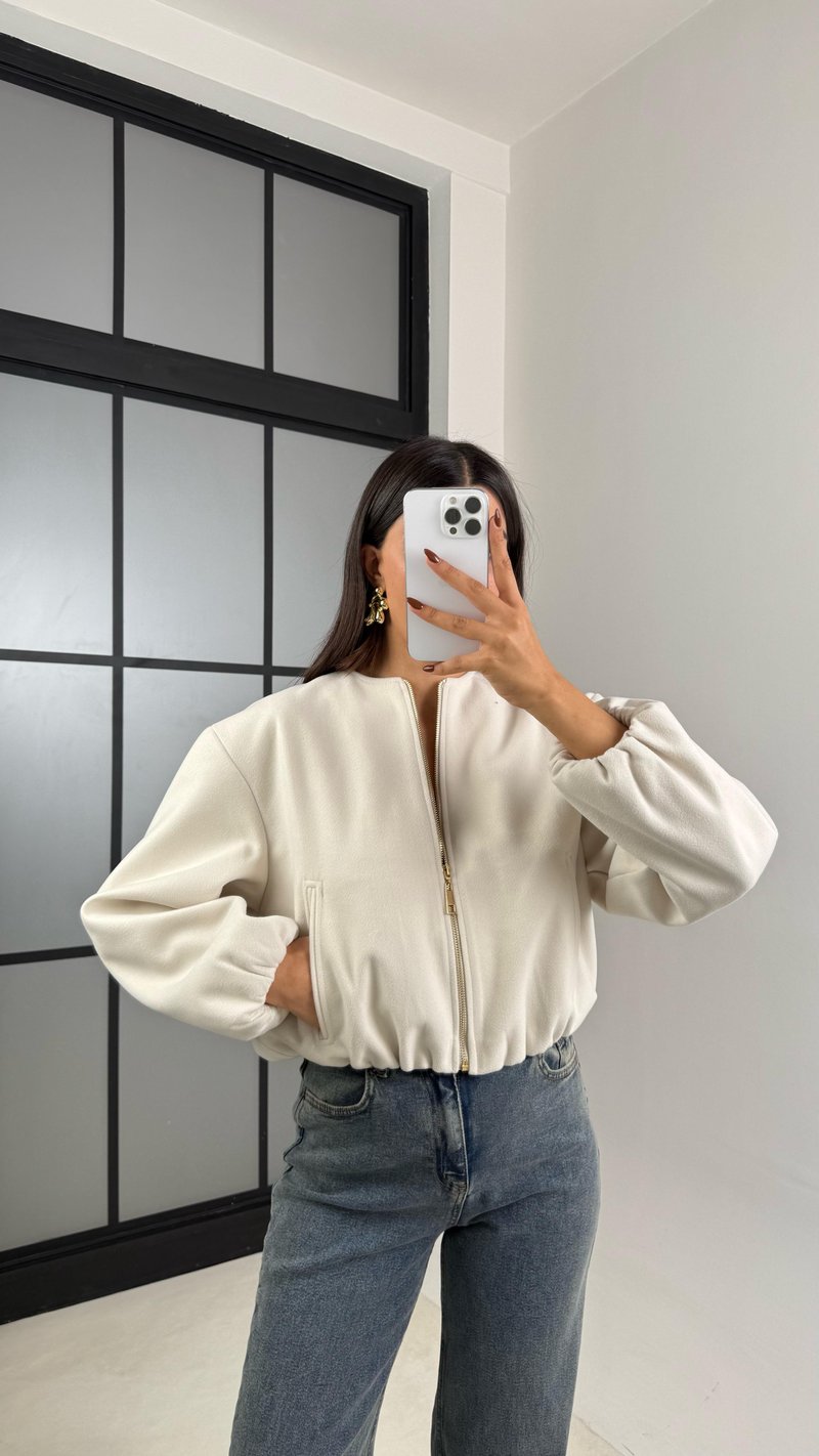 Ekru Astarlı Cepli Kaşe Bomber Ceket GAUS-00191
