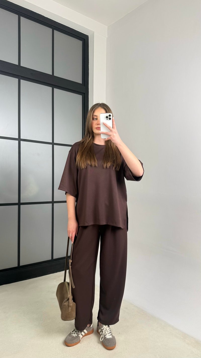 Kahve Bluz Beli Lastikli Pantolon Modal Kumaş Basic Takım GAUS-01132