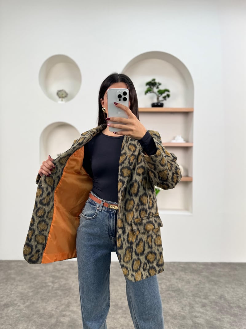 Coki Leopar Astarlı Sakallı Premium Blazer Ceket