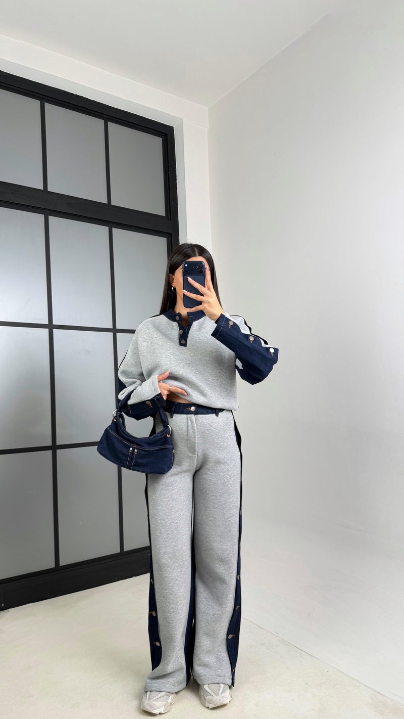 Gri Denim Detaylı Şardonlu Sweatshirt Eşofman Takım GAUS-00839