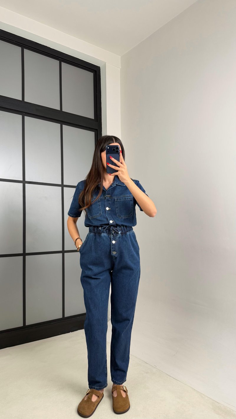 Mavi Beli Lastikli Düğme Detaylı Denim Tulum gaus-01208