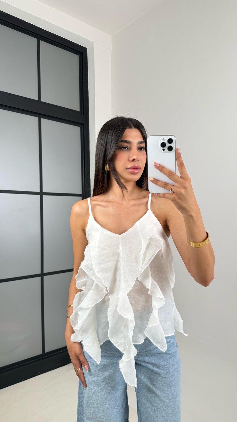 Beyaz Ayarlanabilir Askılı MD Muadil Fırfır Detaylı  Bluz Gaus00665