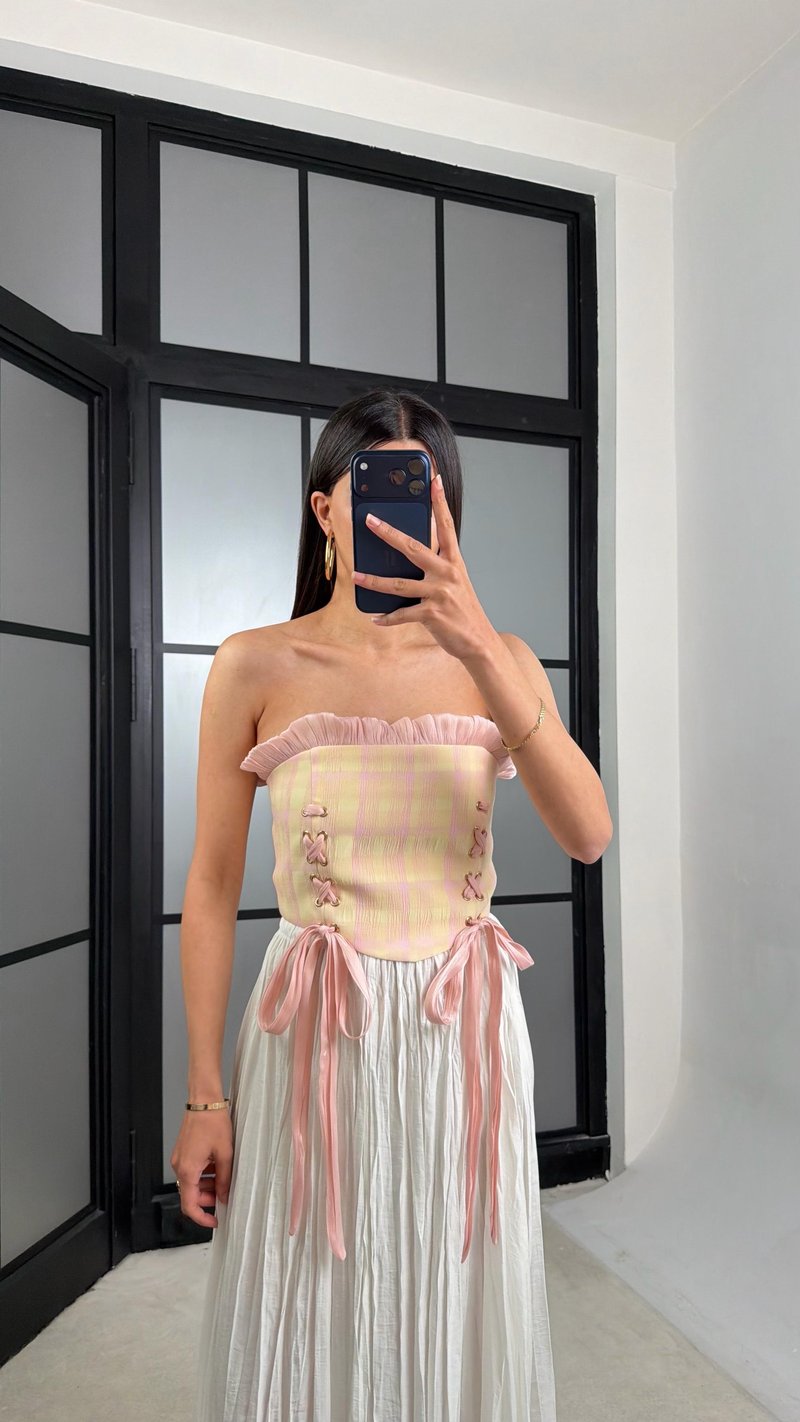 Pembe Ekose Desenli Saten Korse GAUS-01533