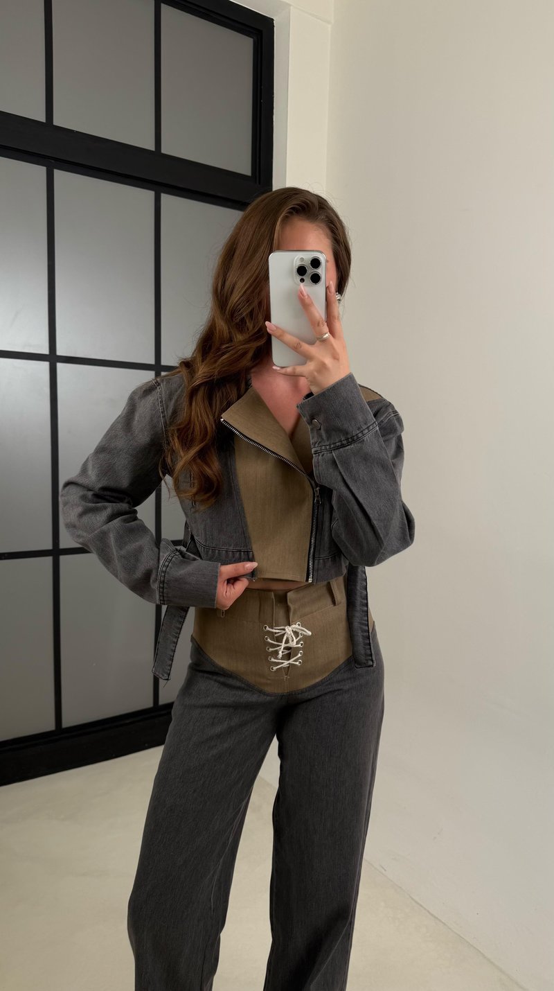 Füme İki Renkli Ceket Pantolon Tasarım Denim Takım GAUS-00445