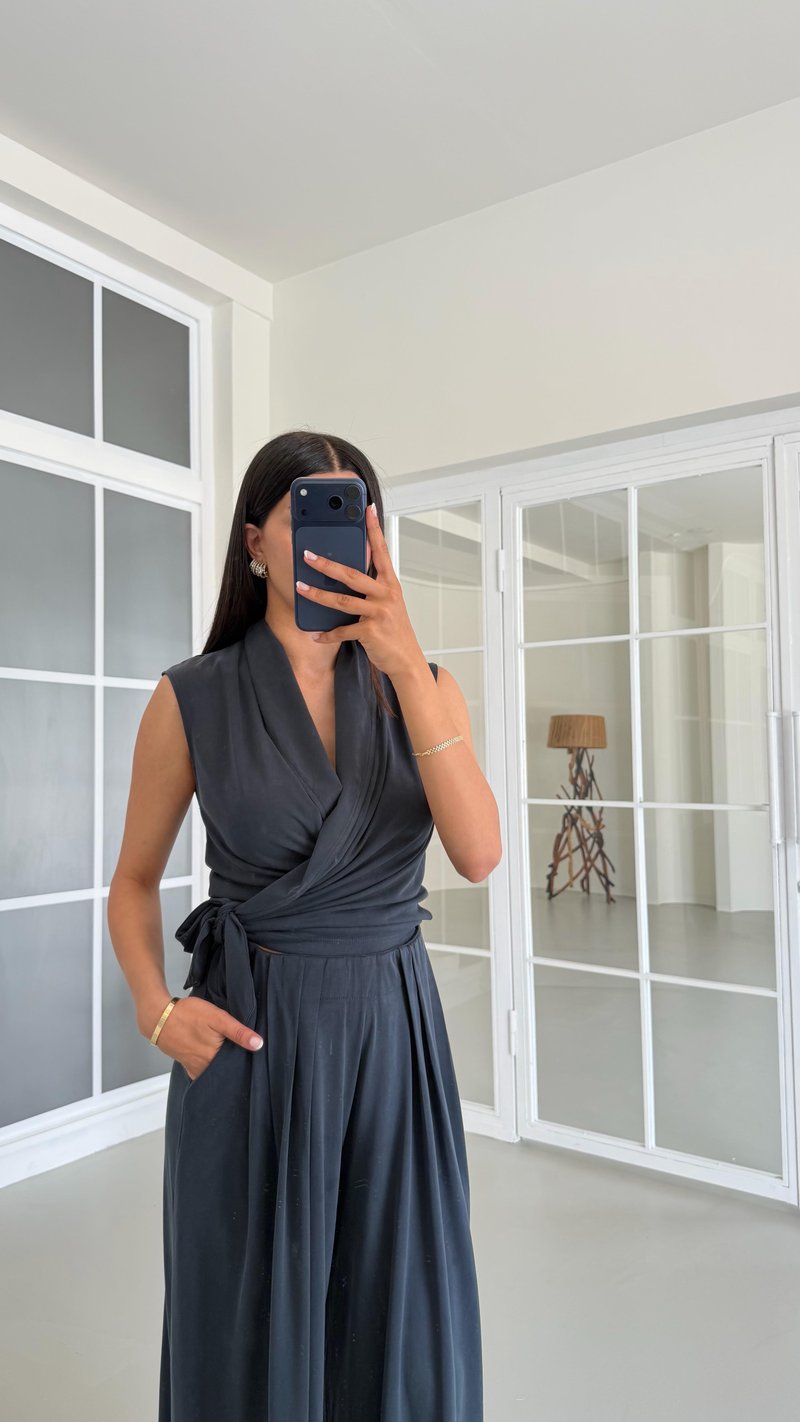Füme OYS Model Bağlama Detaylı Bluz Beli Lastikli Pantolon İkili Modal Takım GAUS-01662