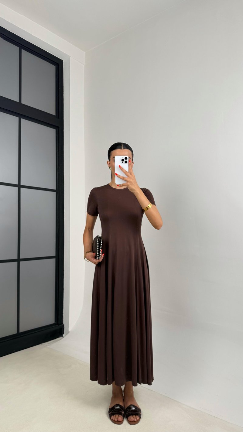 Kahve Oysh Muadil Fermuarlı Modal Kumaş Elbise GAUS-0035