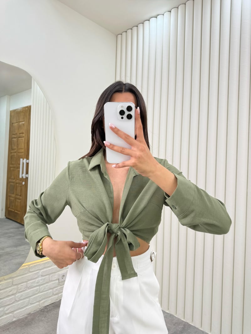 Haki Önü Bağlamalı Premium Keten Gömlek Gaus00319