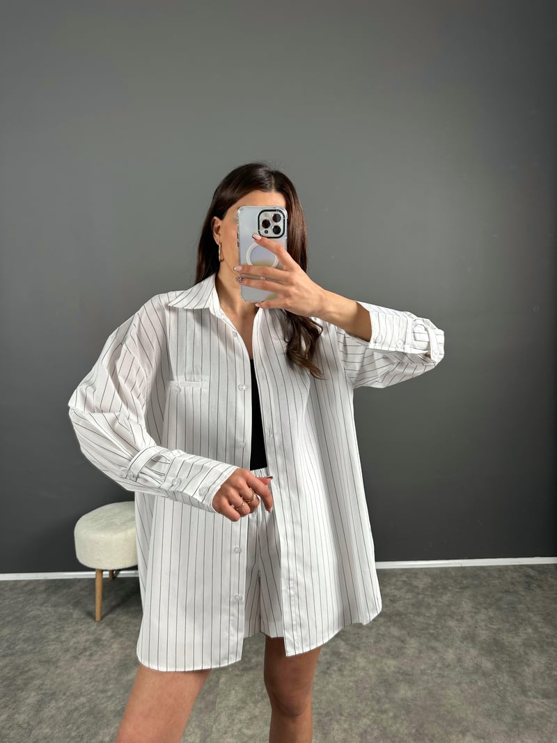 Siyah Çizgili Zr Model Şortlu Gömlek Takım