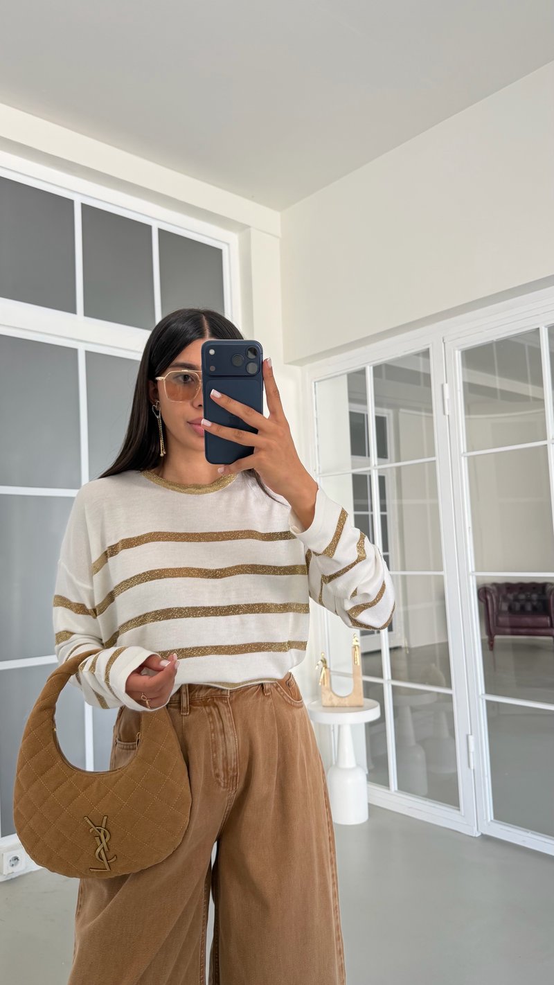 Krem Sim Şeritli Triko Bluz GAUS-02024
