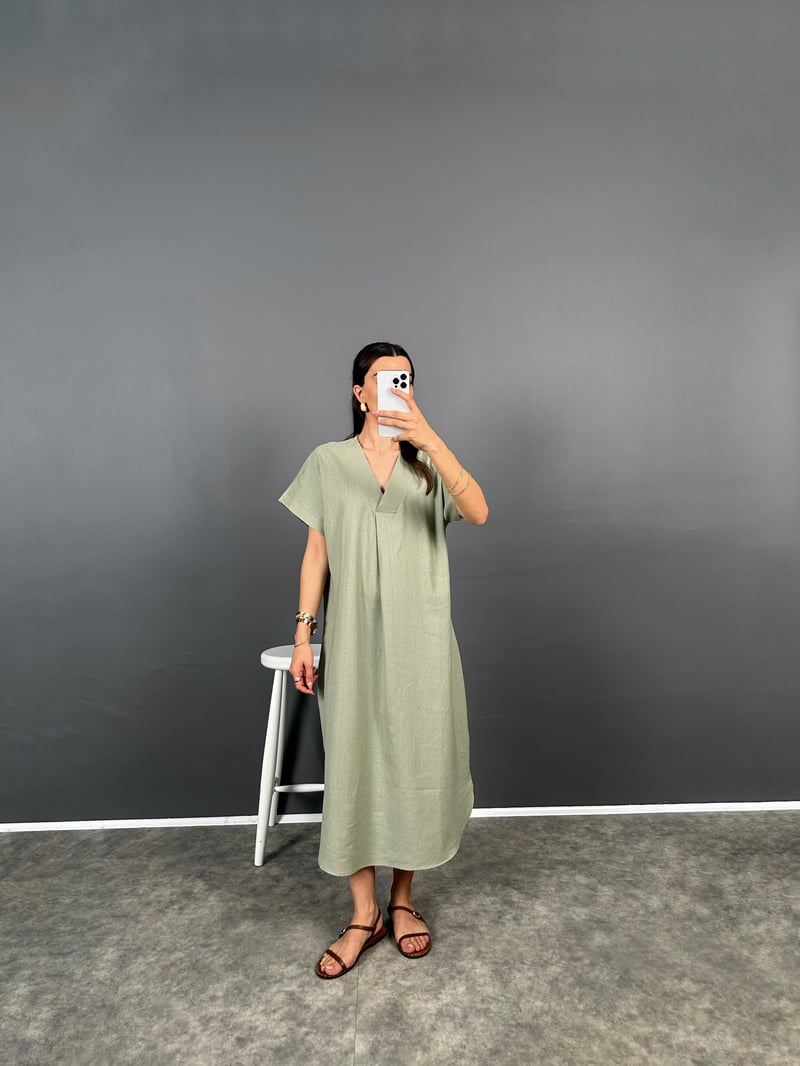 Anita Haki V Yaka Premium Midi Keten Elbise
