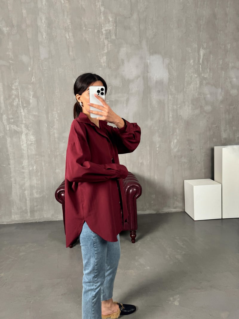 Rese Bordo Basic Gizli Düğmeli Oversize Gömlek