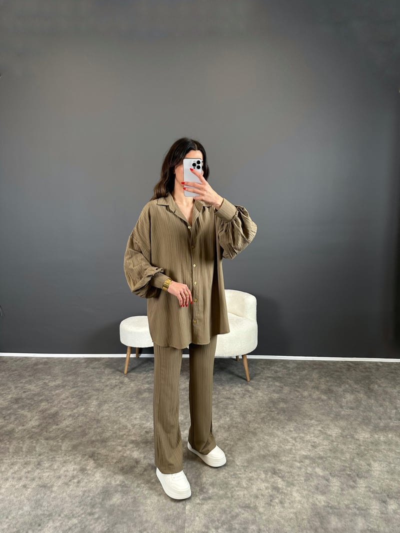 Heidy Soft Yeşil Gofre Kumaş Kemerli İkili Takım
