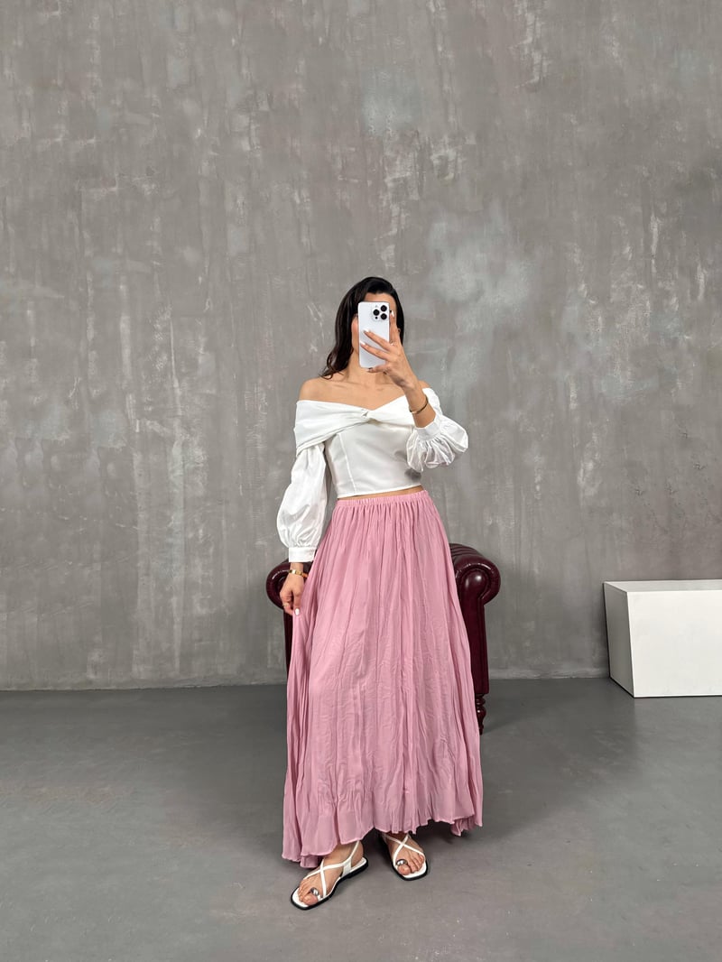 Pembe Kırışık Tül Detaylı Astarlı Etek Gaus00052
