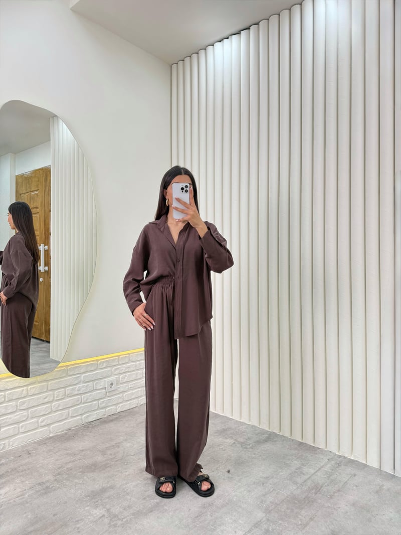 Kahve Gömlek Beli Lastikli Pantolon Premium Tensel Takım TNCL01 Gaus00322