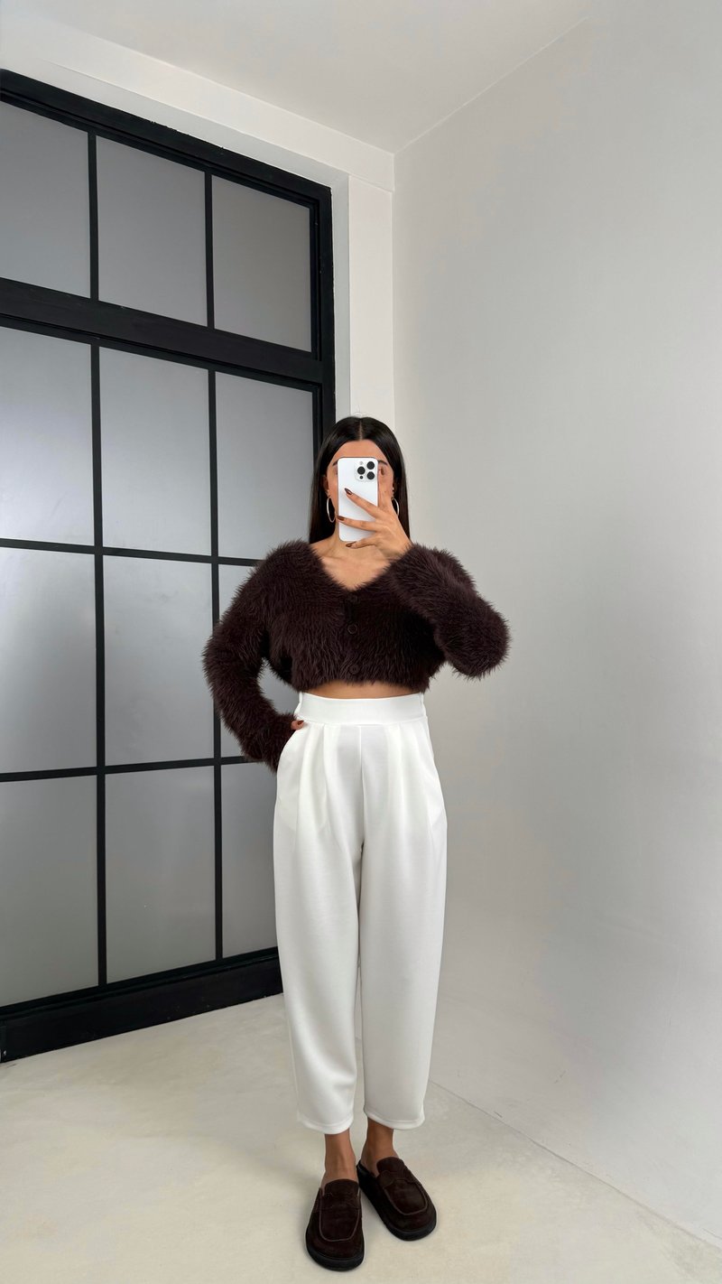 Beyaz Beli Lastikli Modal Kumaş Şalvar Pantolon GAUS-00210