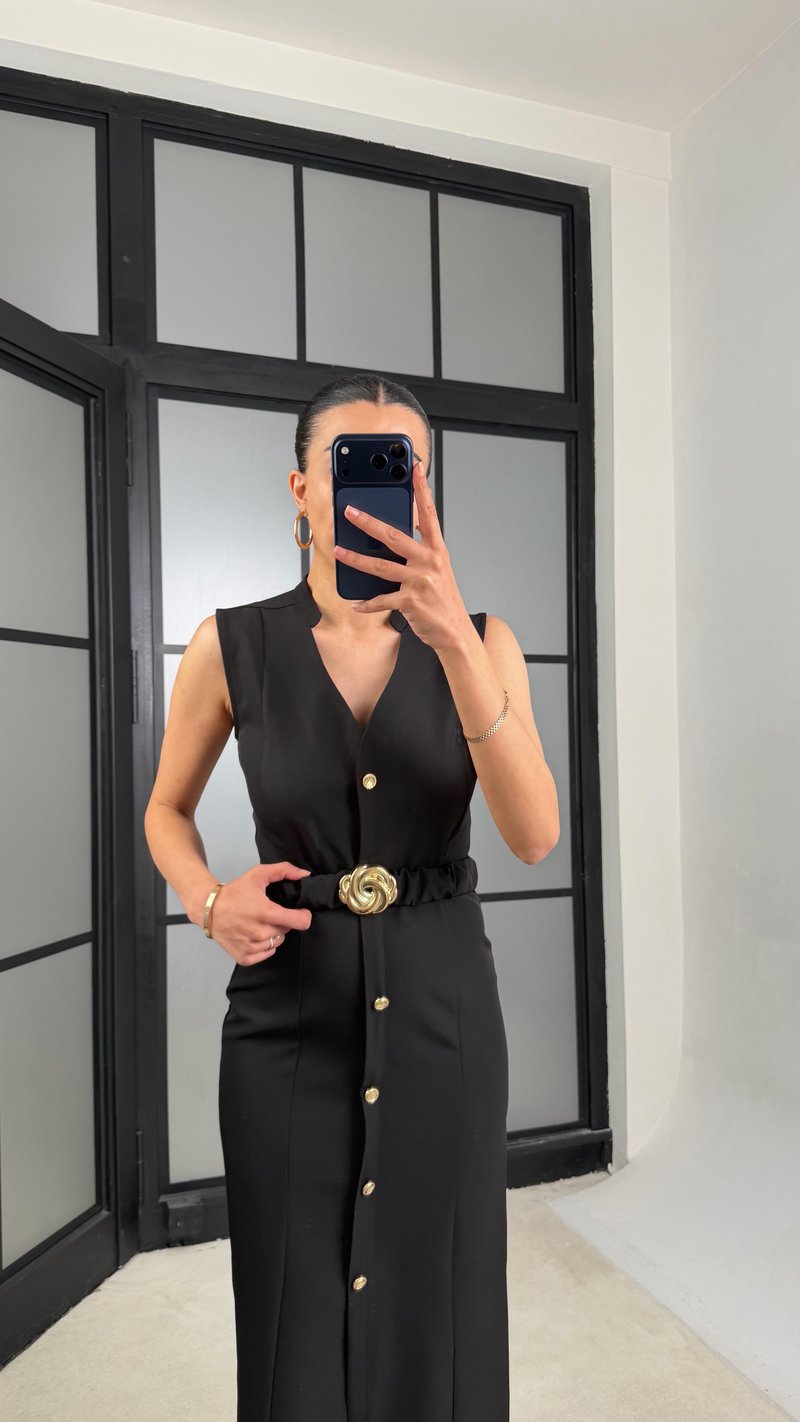 Siyah Kuşaklı Gold Düğme Detaylı Premium Elbise GAUS-01448