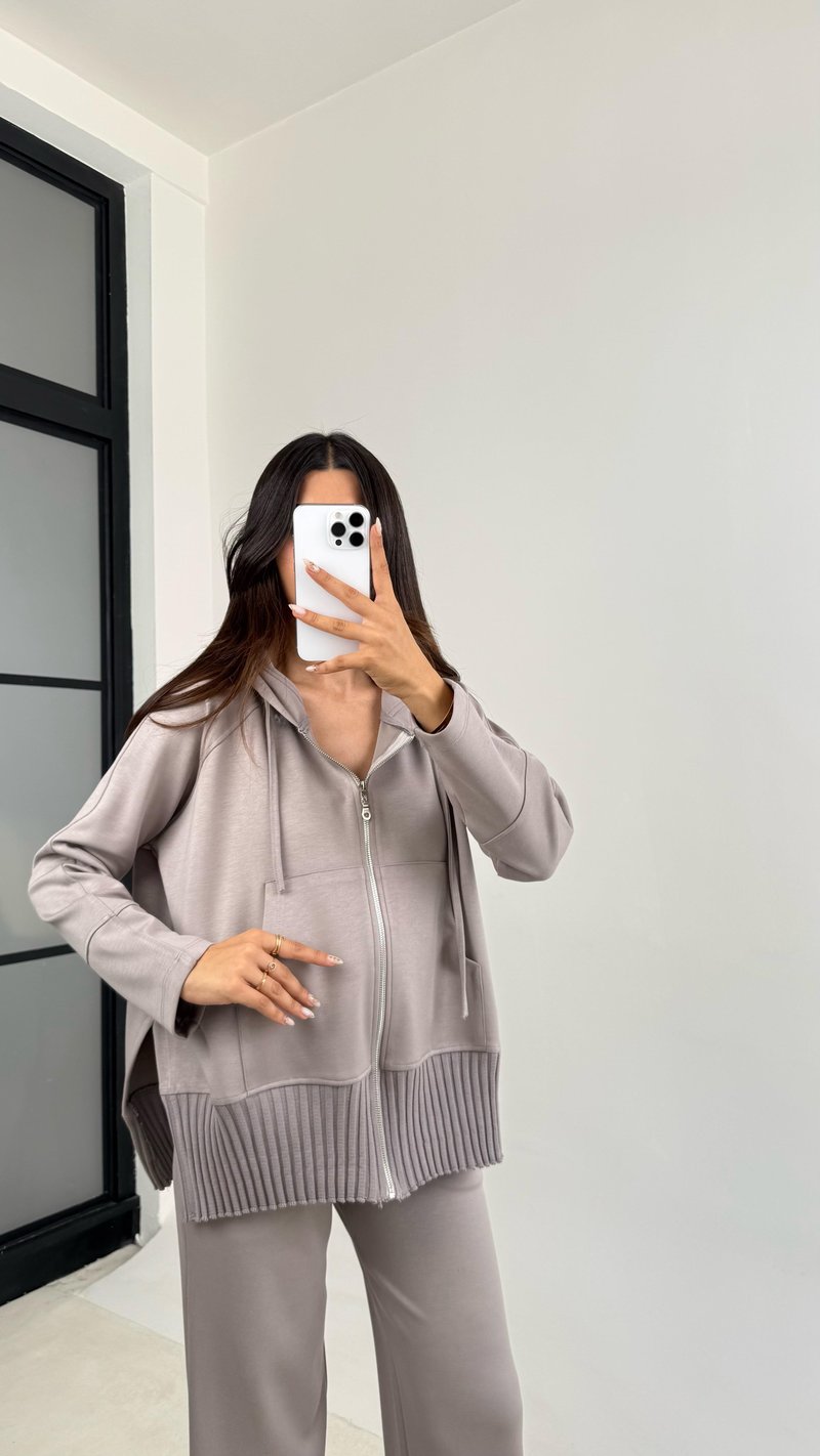 Vizon Kapüşonlu Hırka Beli Lastikli Pantolon İkili Premium Takım GAUS-0075