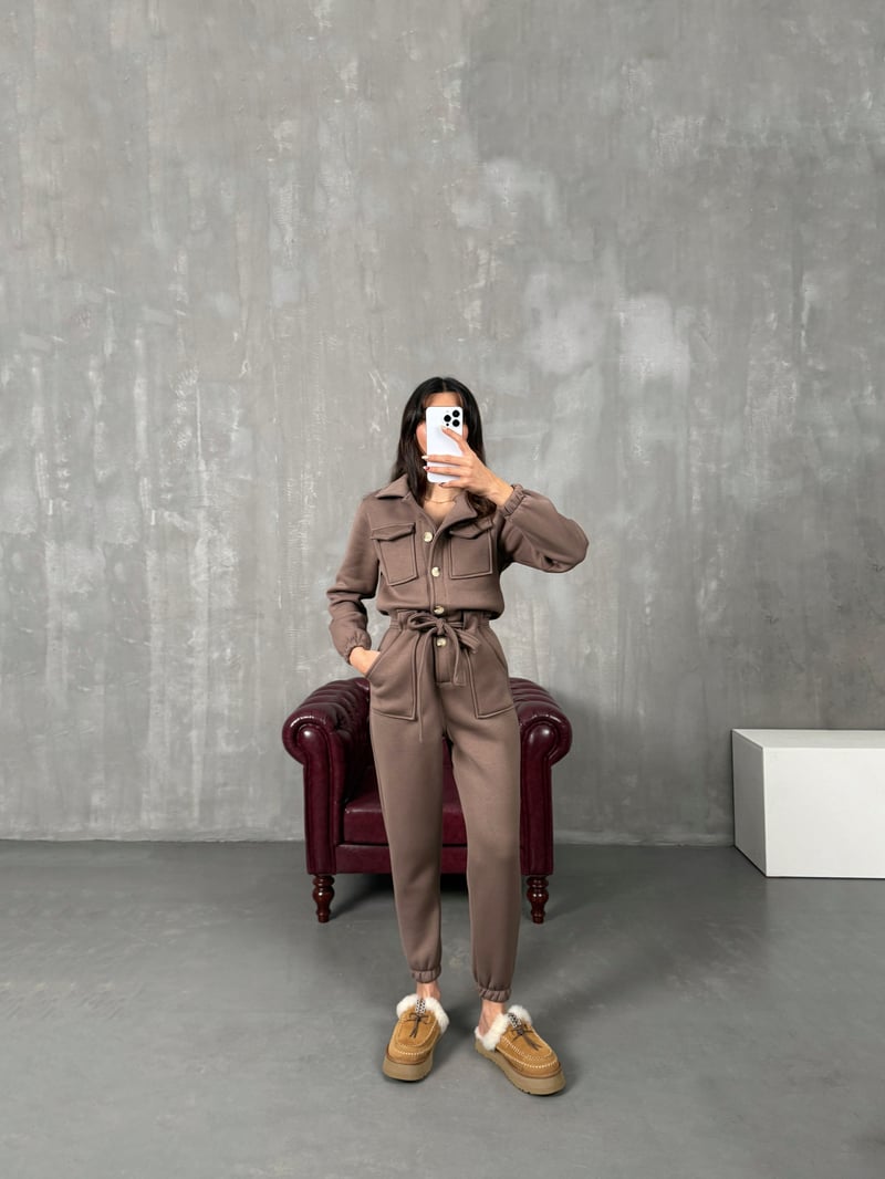 Nuga Kahve Kuşaklı Şardonlu Tulum