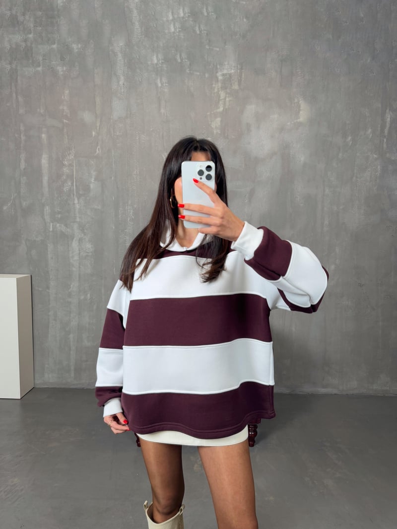 Nicol Bordo Beyaz Çizgili ZR Model Sweatshirt
