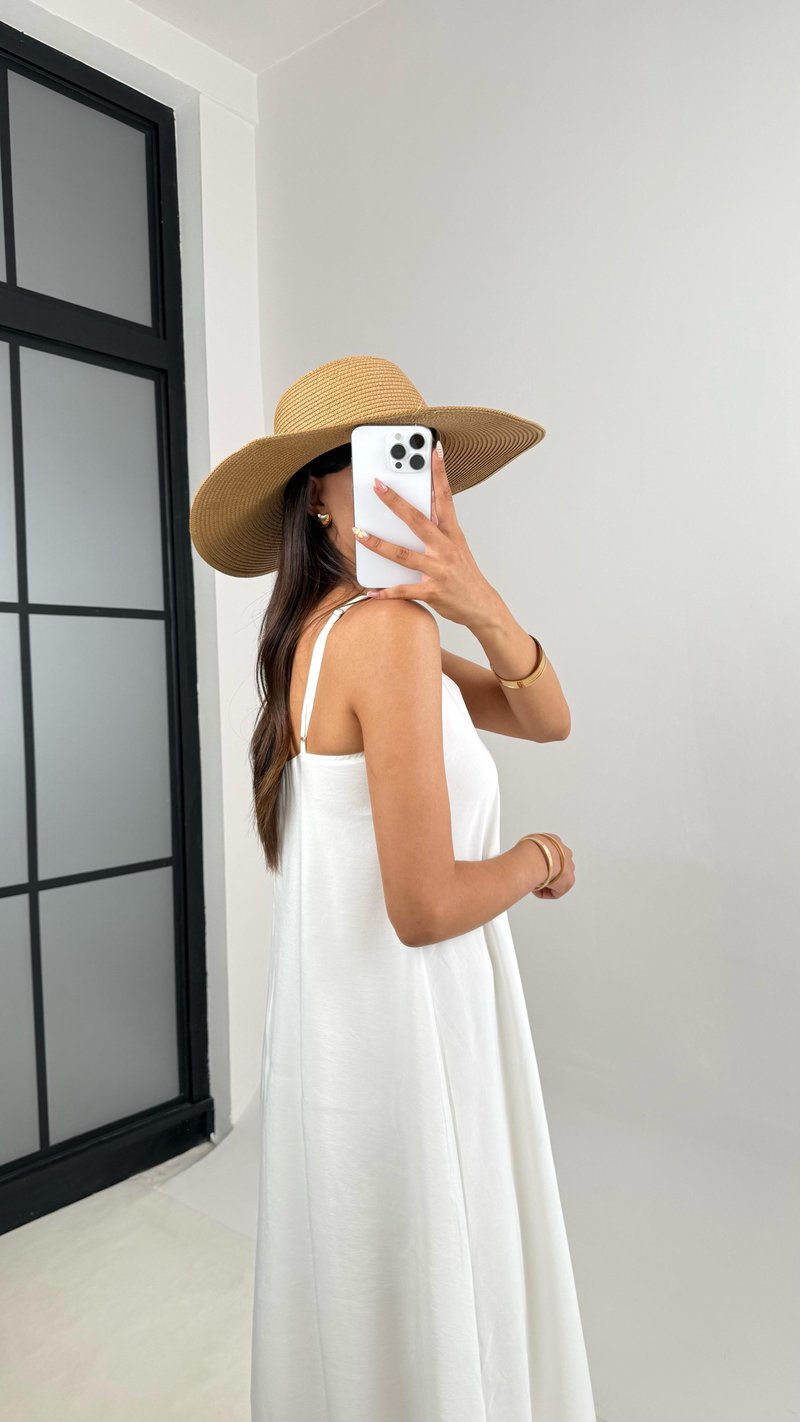 Beyaz Ayarlanabilir Askılı Astarlı Tencel Elbise Gaus00690