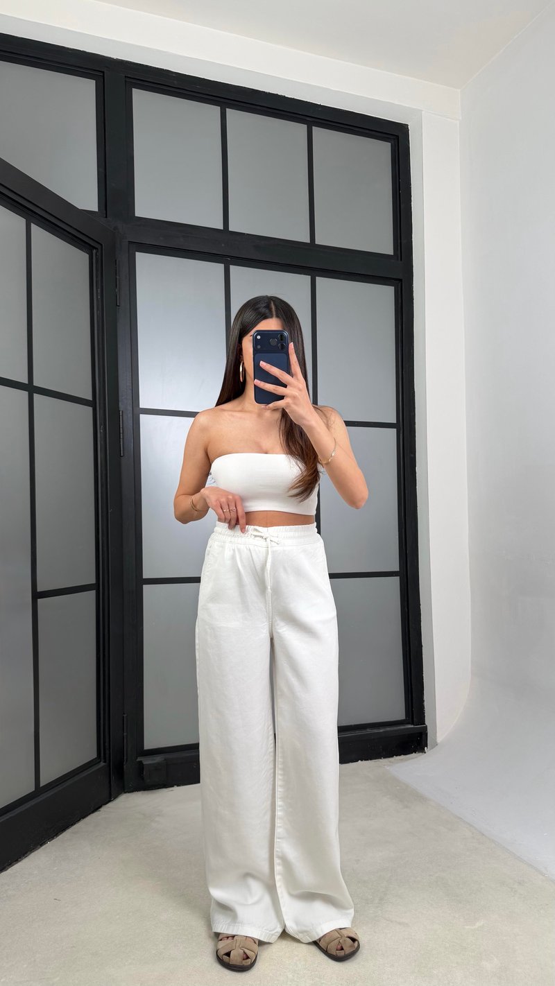Beyaz Gömlek Beli Kuşaklı Pantolon İkili Tencel Denim Takım GAUS-01471