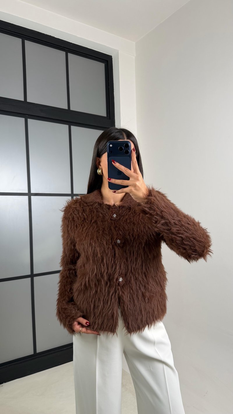 Kahve Çiçek Düğmeli Sakallı Triko Hırka GAUS-00709