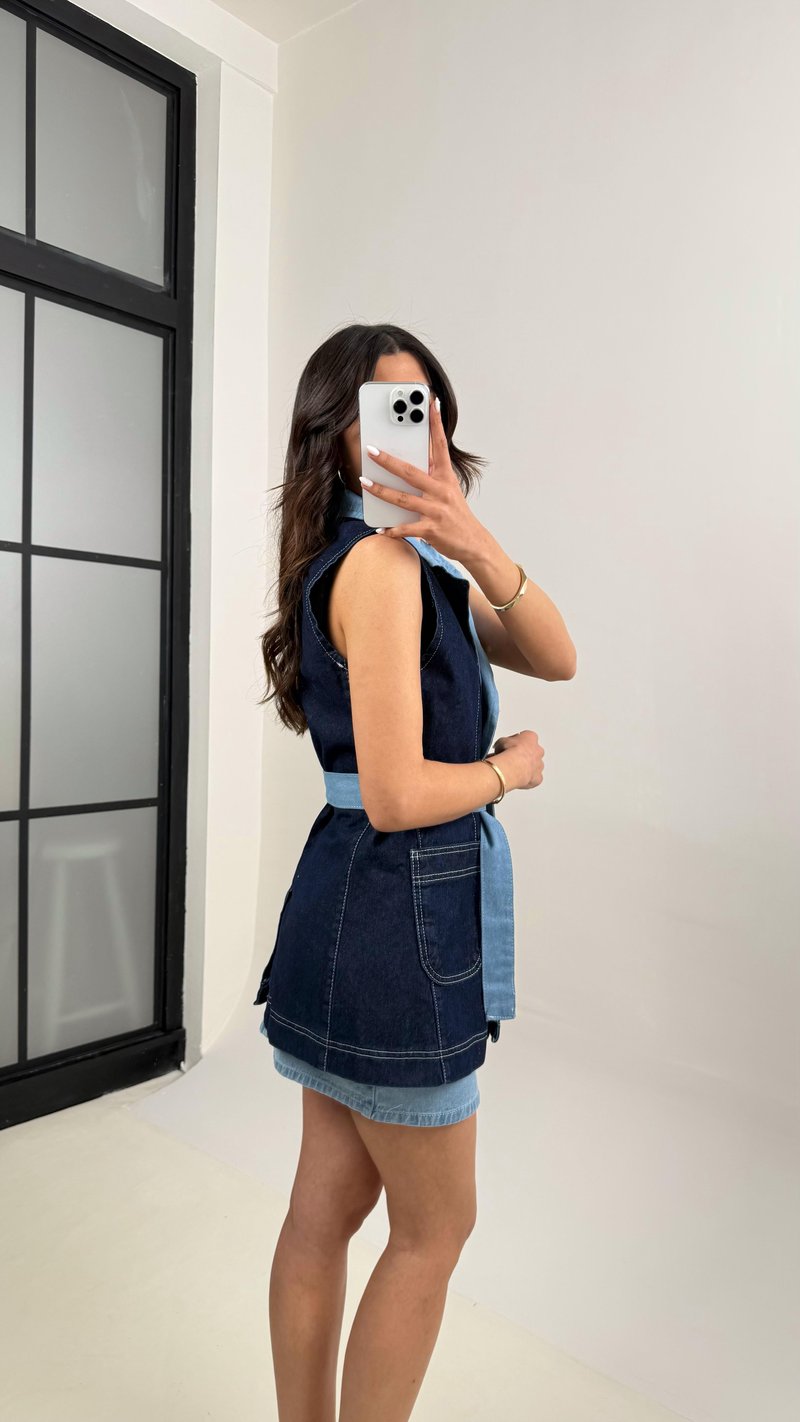 Lacivert Önü Düğmeli Kuşaklı Yelek Cepli Etek İkili Denim Takım Gaus00341