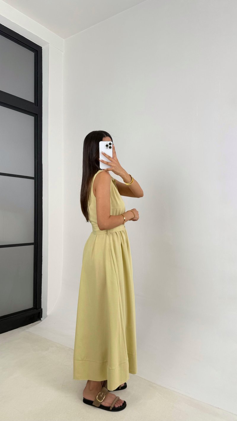 Sarı Sıfır Kol Önü Düğmeli Kuşaklı Elbise GAUS-0051