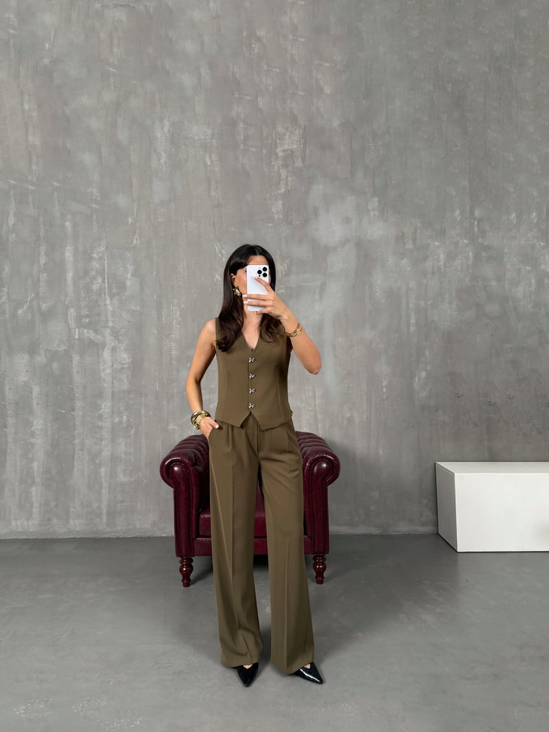 Diana Haki Fiyonk Düğmeli Astarlı Yelek Pantolon İkili Premium Takım
