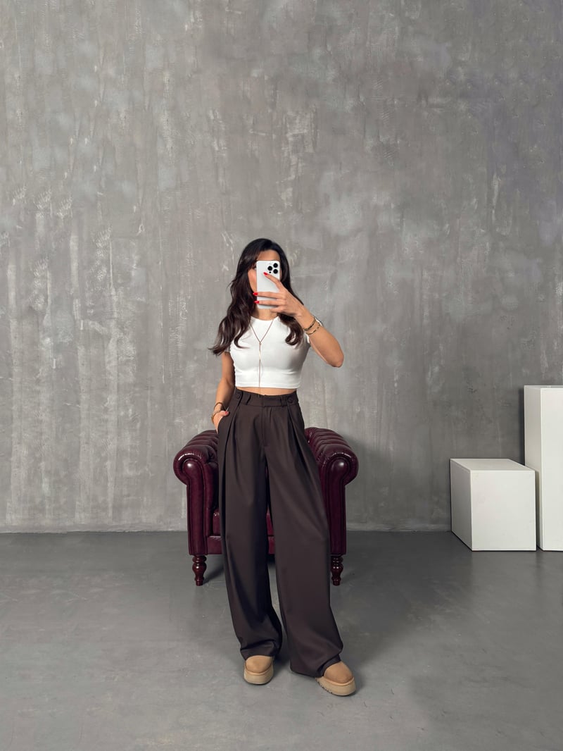 Frank Kahve Önden Düğmeli Pileli Bol Poliviskon Pantolon