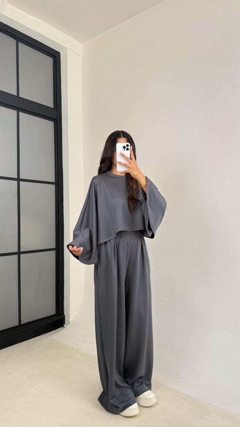 Antrasit Yarasa Kol Crop Beli Lastikli Pantolon OYS Muadil Modal Takım GAUS-0080