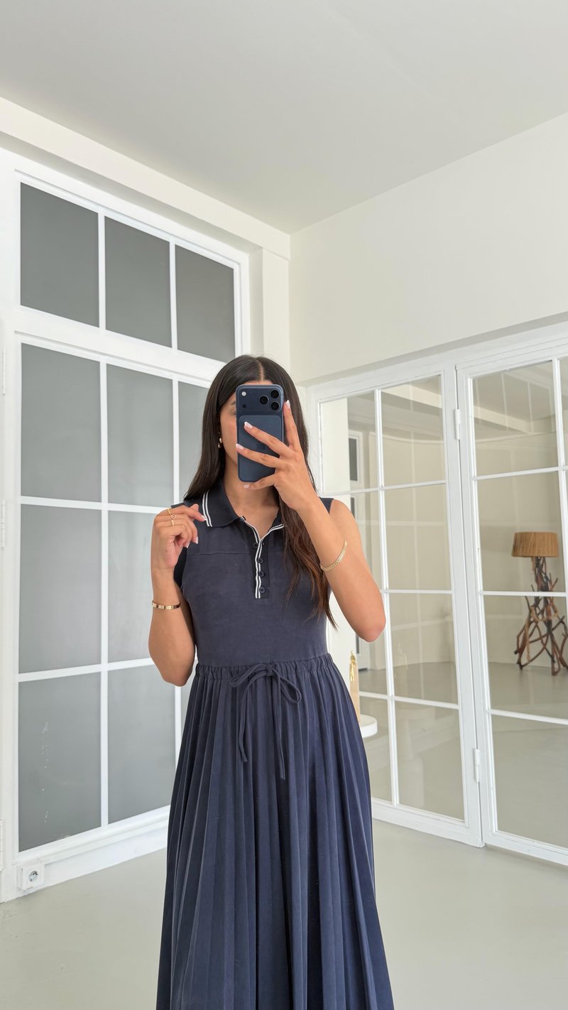 Lacivert Polo Yaka Muadil Beli Lastikli Pileli Elbise GAUS-01669 GAUS-01821