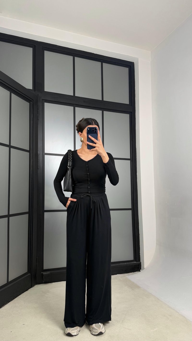 Siyah Düğmeli Bluz Beli Lastikli Eşofman Kaşmir Dokulu Takım GAUS-01333