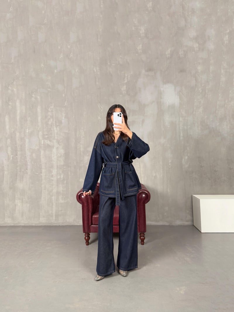 Adela Koyu Mavi  Kuşak Bağlamalı Premium Tasarım Denim Takım
