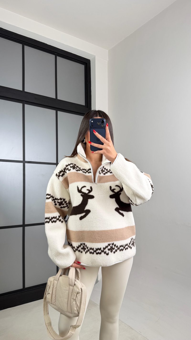 Vizon Fermuarlı Geyik Desenli Polar Sweatshirt GAUS-00723 GAUS-01022