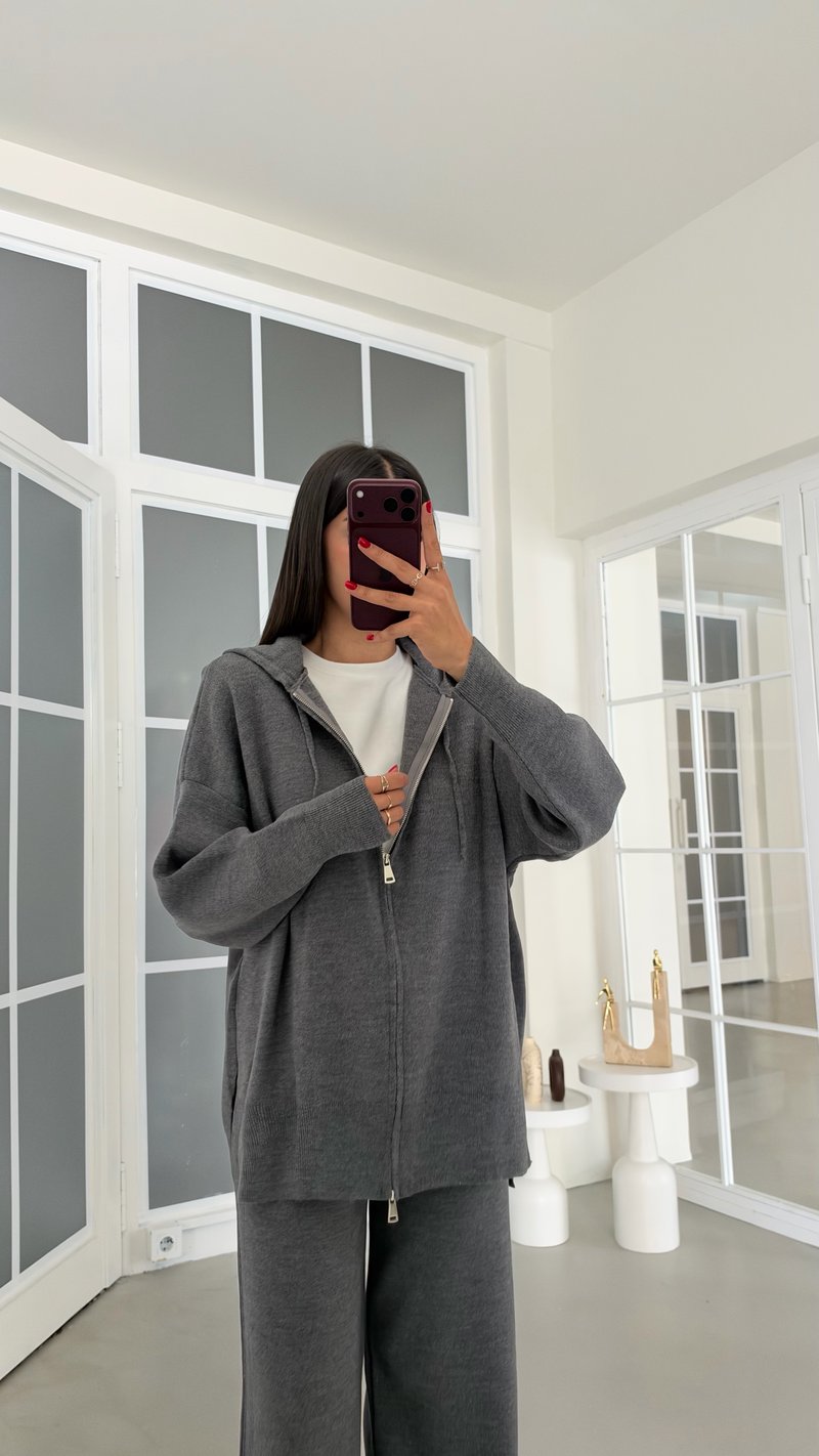 Antrasit Çift Fermuarlı Hırka Beli Lastikli Pantolon İkili Triko Takım GAUS-02294