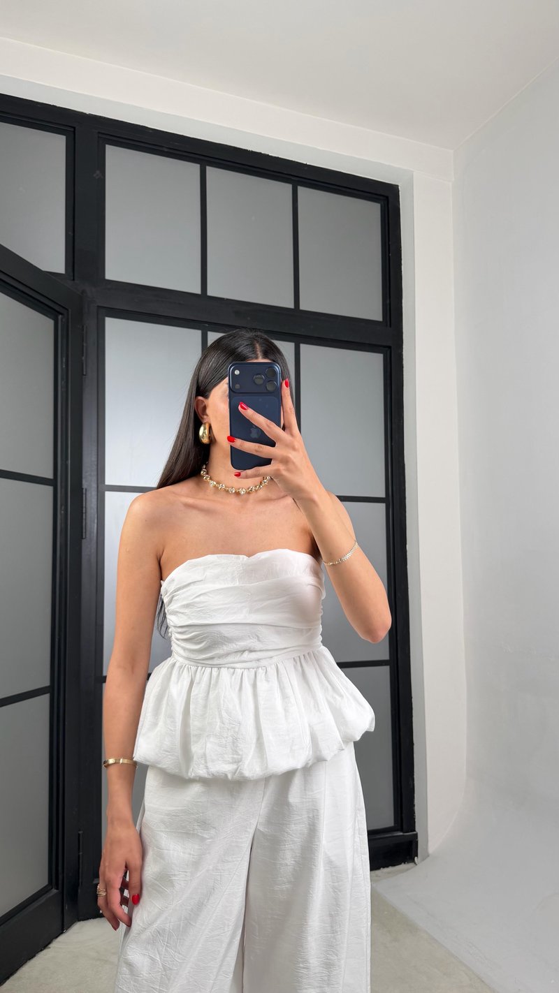 Beyaz Balon Bluz Beli Lastikli Şalvar Pantolon İkili Premium Takım GAUS-01569