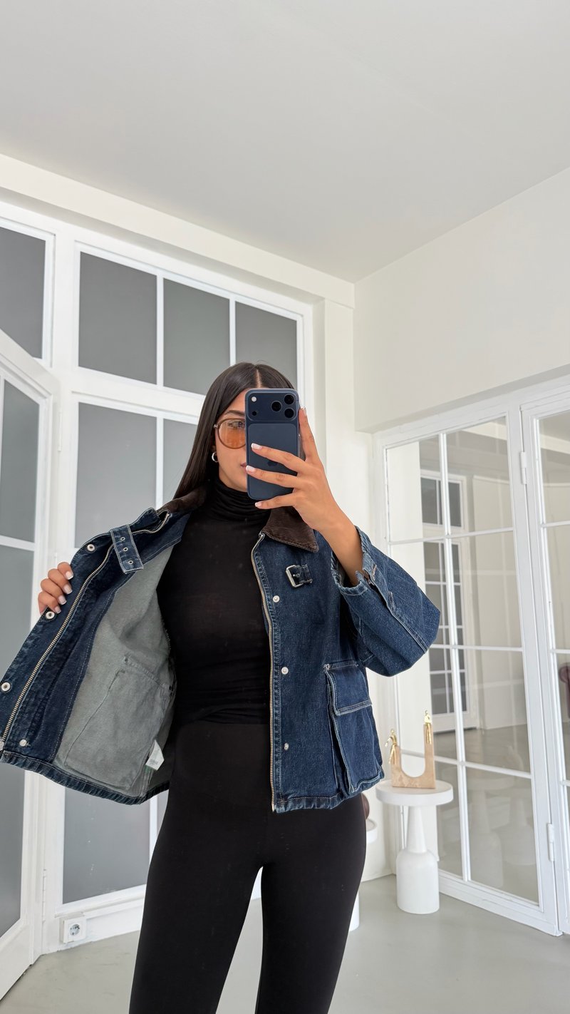 Koyu Mavi Kadife Yakalı Cepli Denim Ceket GAUS-02118