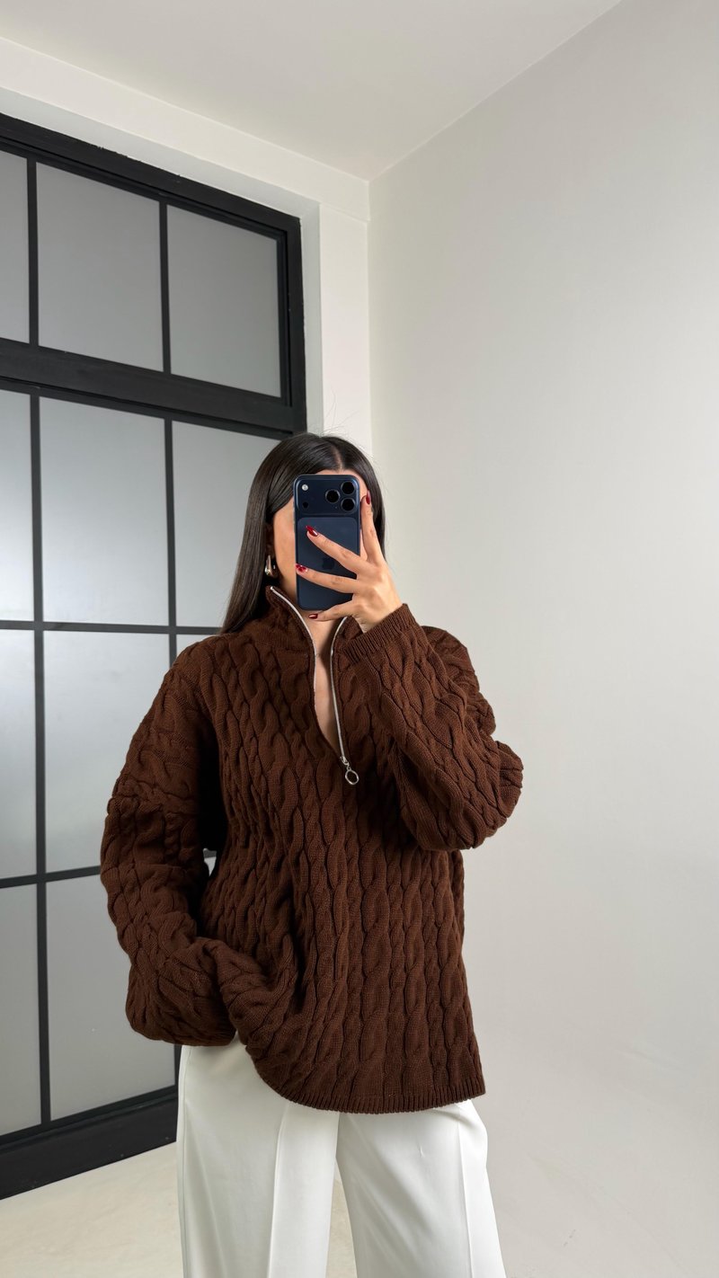 Kahve Fermuarlı Örgü Kazak GAUS-00213