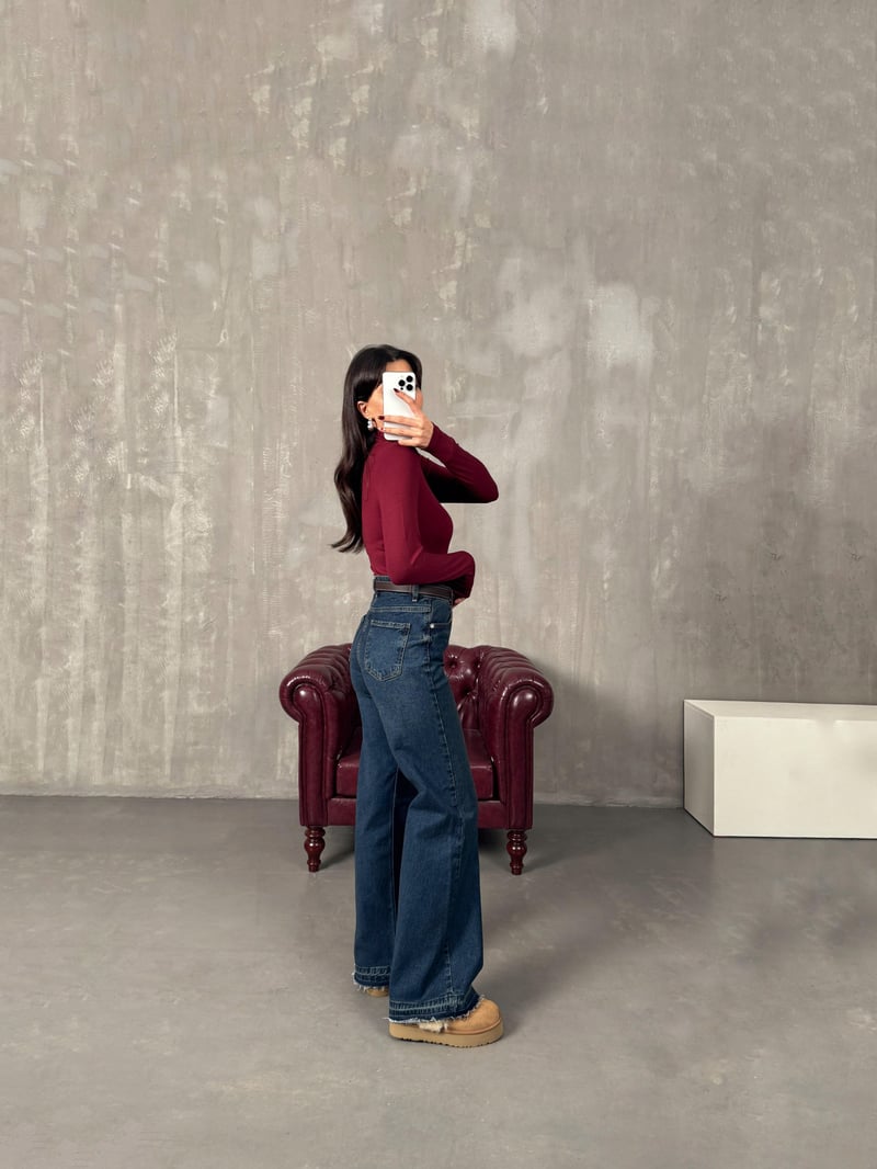 Chest Koyu Mavi Paça Detaylı Wide Leg Jean