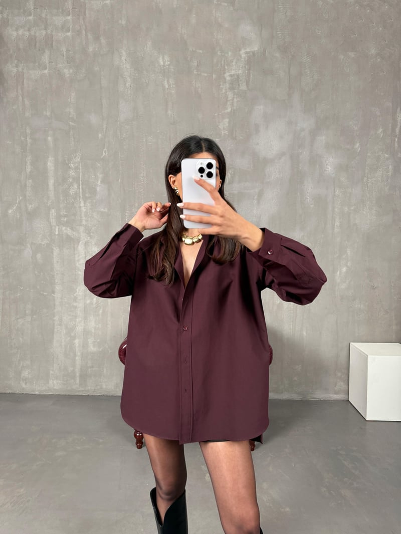 Zela Bordo Pamuklu Oversize Gömlek